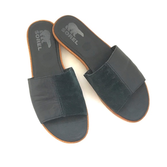 SOREL Ella ll Leather Sandals Slip On Slides Black Women’s Size 9 - Picture 1 of 16